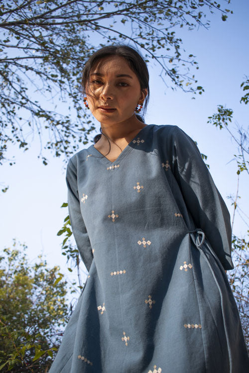 Rangsutra Akriti Blue Handwoven Extra-Weft V Neck Dress