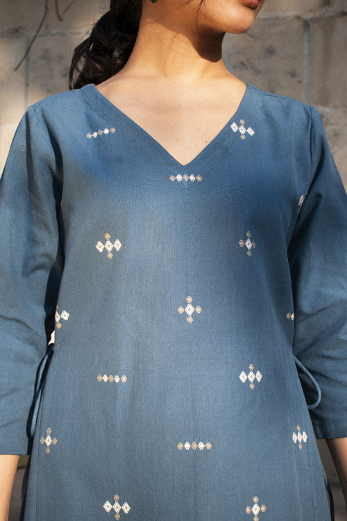 Rangsutra Akriti Blue Handwoven Extra-Weft V Neck Dress