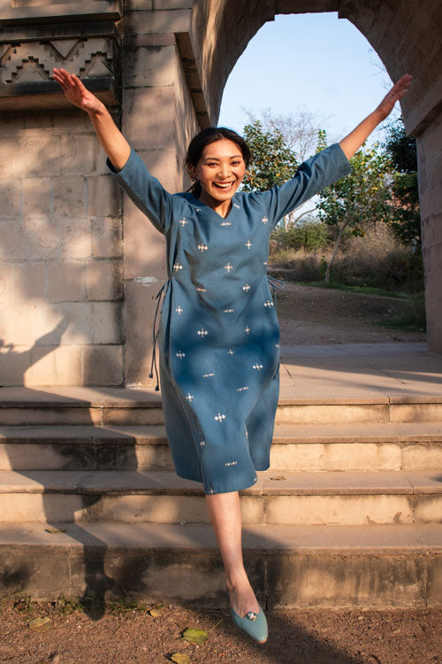 Rangsutra Akriti Blue Handwoven Extra-Weft V Neck Dress