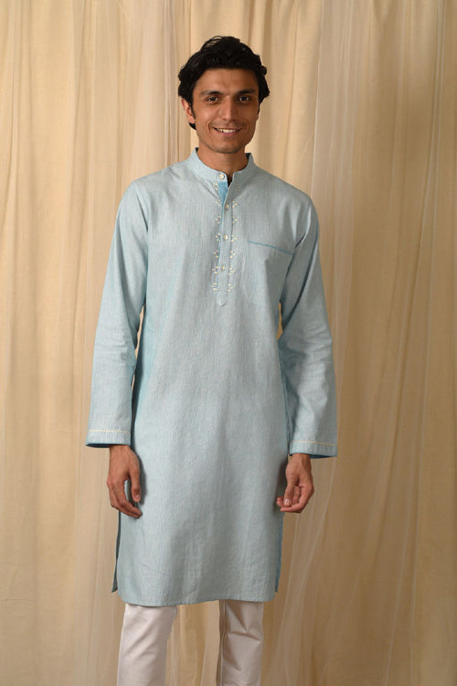 Rangsutra Baori Blue Hand Embroidered Full Sleeve Long Kurta
