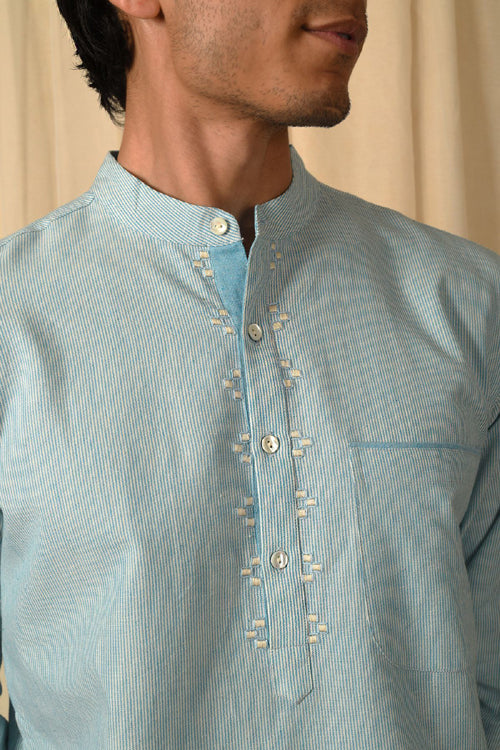 Rangsutra Baori Blue Hand Embroidered Full Sleeve Long Kurta