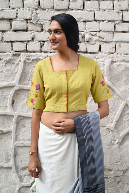 Rangsutra Cheenth Yellow Blouse With Front Concealed Placket And Pucca Embroidery