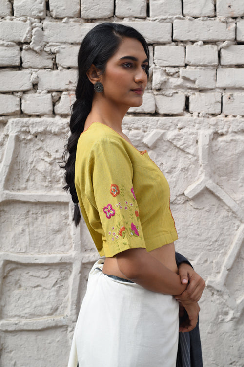 Rangsutra Cheenth Yellow Blouse With Front Concealed Placket And Pucca Embroidery