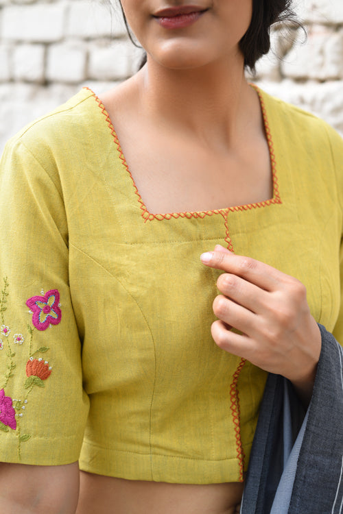 Rangsutra Cheenth Yellow Blouse With Front Concealed Placket And Pucca Embroidery