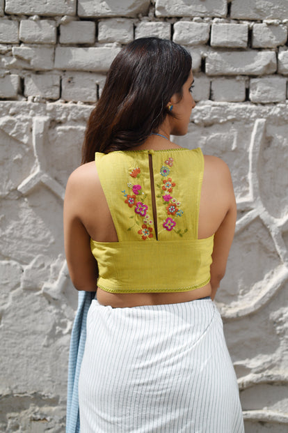 Rangsutra Cheenth Sleeveless Yellow Blouse With Embroidered On Back