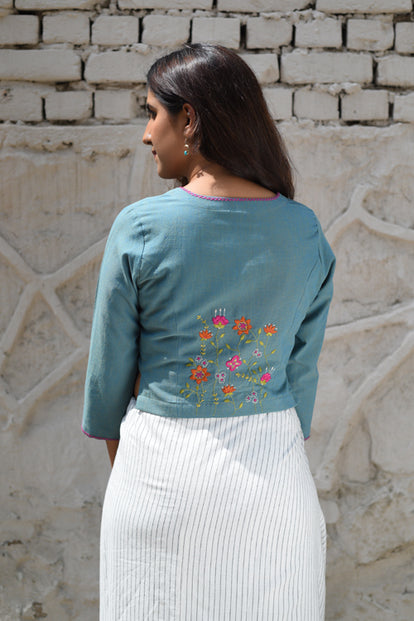 Rangsutra Cheenth Blue Blouse With Pucca Embroidered On Back