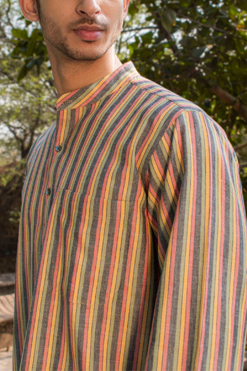 Rangsutra Dhaari Multi Color Striped Handwoven Full Sleeve Pure Cotton Short Kurta