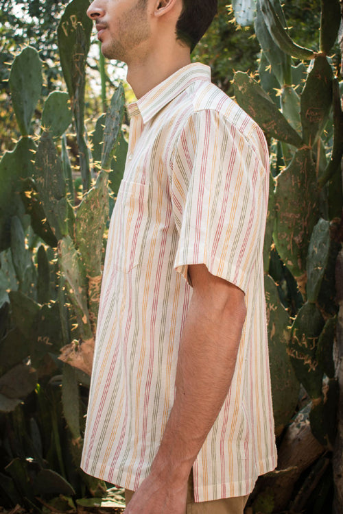 Rangsutra Dhaari Multi Color Pin Stripe Handwoven Half Sleeve White Pure Cotton Shirt