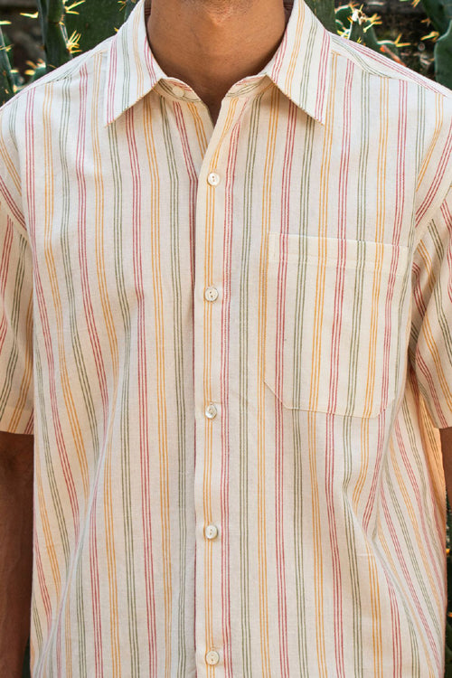 Rangsutra Dhaari Multi Color Pin Stripe Handwoven Half Sleeve White Pure Cotton Shirt