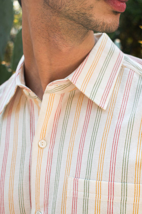 Rangsutra Dhaari Multi Color Pin Stripe Handwoven Half Sleeve White Pure Cotton Shirt