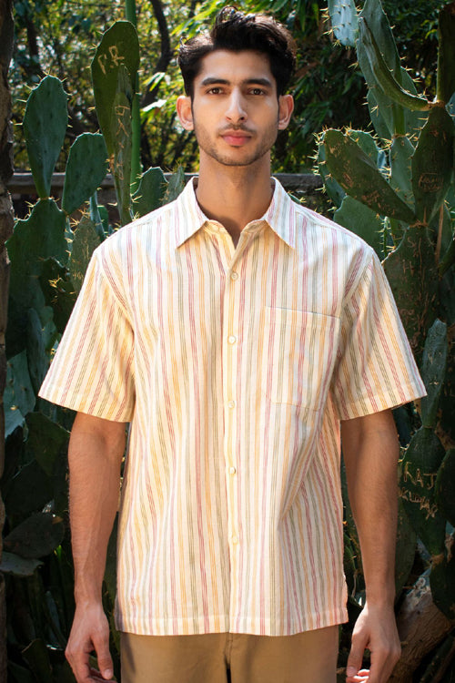 Rangsutra Dhaari Multi Color Pin Stripe Handwoven Half Sleeve White Pure Cotton Shirt
