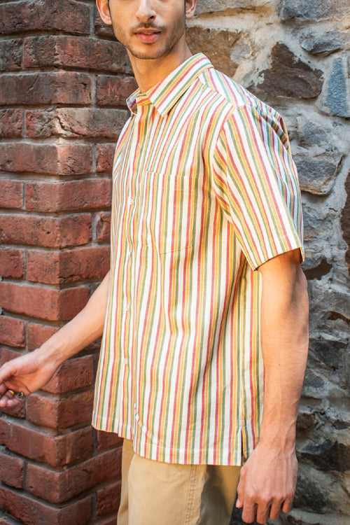 Rangsutra Dhaari Multi Color Striped Handwoven Half Sleeve Pure Cotton Shirt