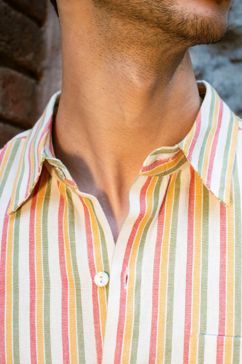 Rangsutra Dhaari Multi Color Striped Handwoven Half Sleeve Pure Cotton Shirt