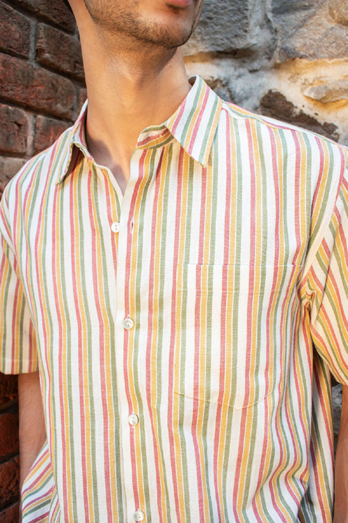 Rangsutra Dhaari Multi Color Striped Handwoven Half Sleeve Pure Cotton Shirt