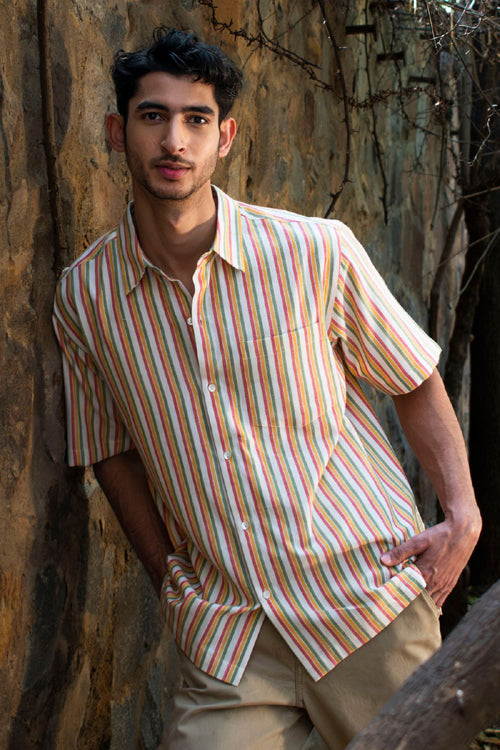 Rangsutra Dhaari Multi Color Striped Handwoven Half Sleeve Pure Cotton Shirt