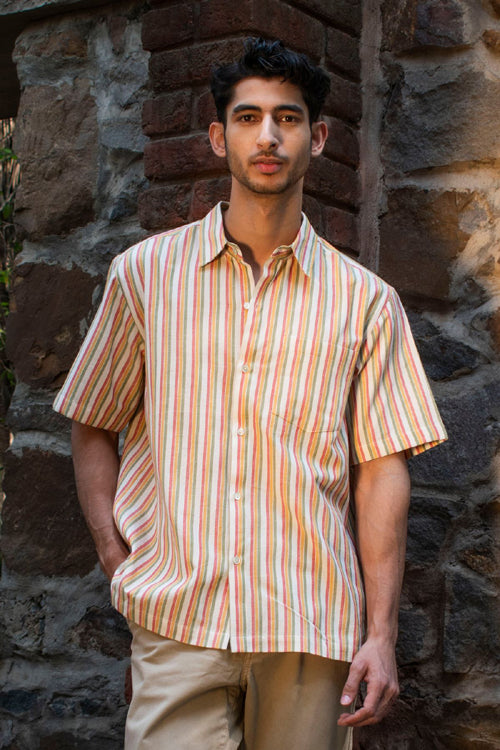 Rangsutra Dhaari Multi Color Striped Handwoven Half Sleeve Pure Cotton Shirt