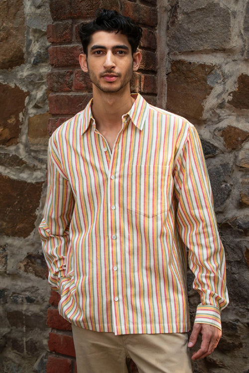 Rangsutra Dhaari Multi Color Striped Handwoven Full Sleeve Pure Cotton Shirt