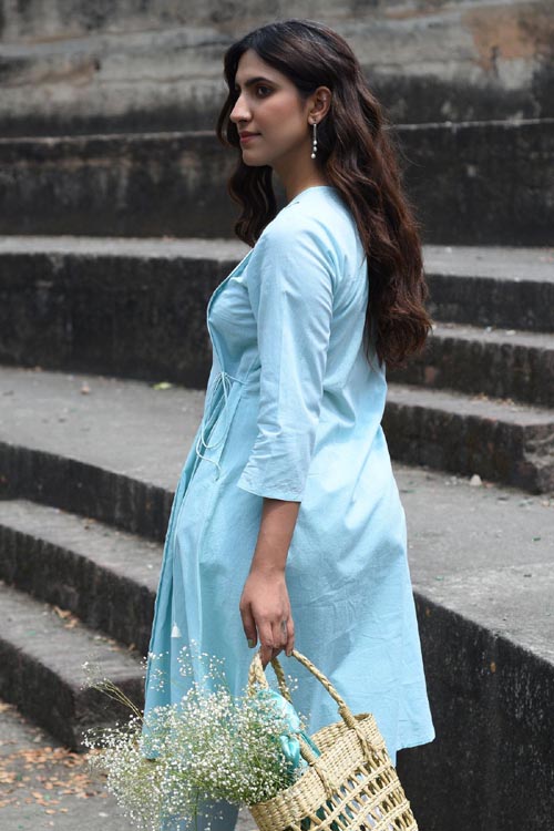 Rangsutra Nargis Blue Kashmiri Crewel Hand Embroidered Cotton Angrakha Kurta