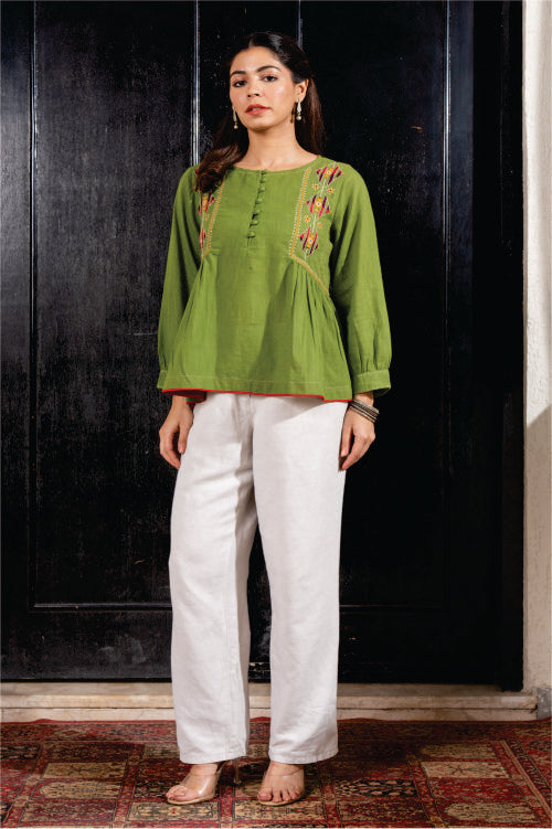 Paheli Green Side-Gather Cotton Top With Pakka Hand Embroidery