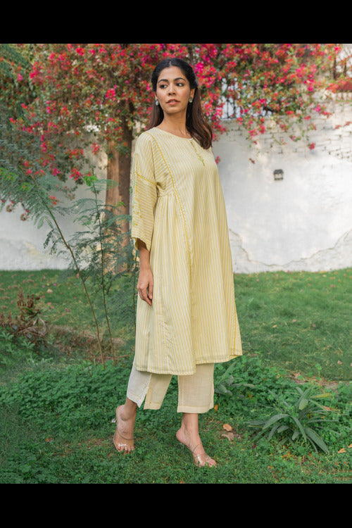 Rangsutra Suhani Cream Striped Cotton Kurta Cum Dress With Soof Hand Embroidery