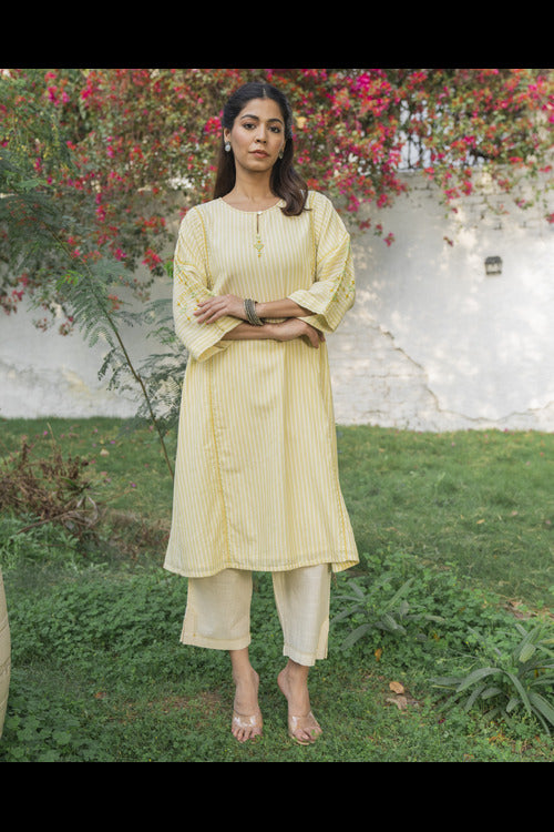 Rangsutra Suhani Cream Striped Cotton Kurta Cum Dress With Soof Hand Embroidery