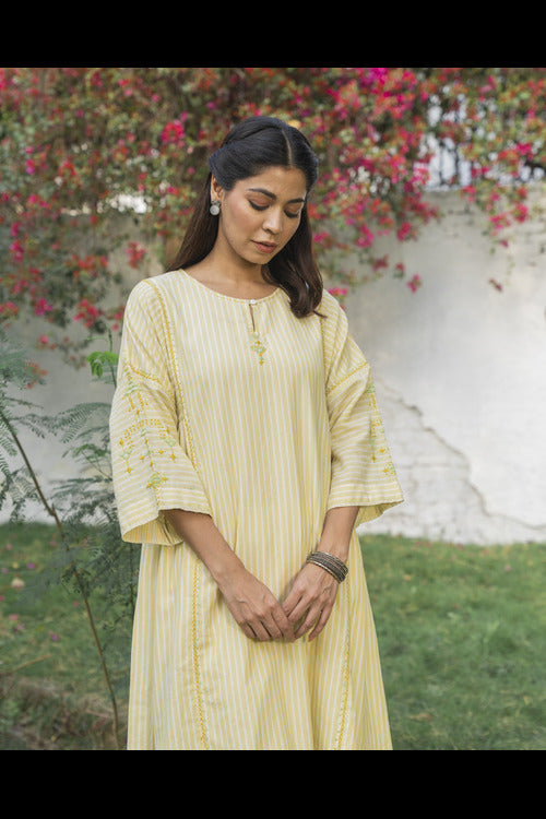 Rangsutra Suhani Cream Striped Cotton Kurta Cum Dress With Soof Hand Embroidery