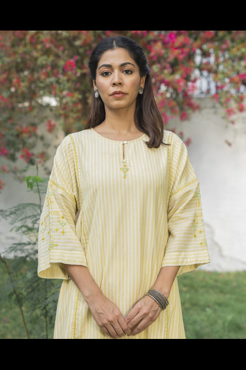 Rangsutra Suhani Cream Striped Cotton Kurta Cum Dress With Soof Hand Embroidery