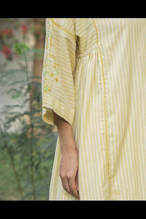 Rangsutra Suhani Cream Striped Cotton Kurta Cum Dress With Soof Hand Embroidery