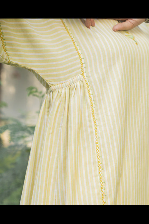 Rangsutra Suhani Cream Striped Cotton Kurta Cum Dress With Soof Hand Embroidery