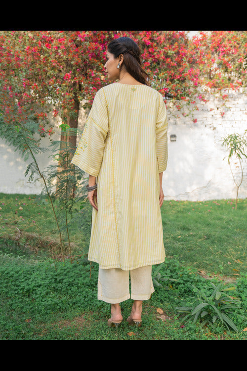 Rangsutra Suhani Cream Striped Cotton Kurta Cum Dress With Soof Hand Embroidery