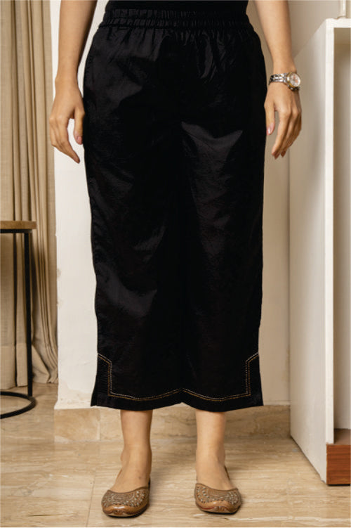 Paheli Black Straight-Fit Cotton Pant With Kantha Hand Embroidery
