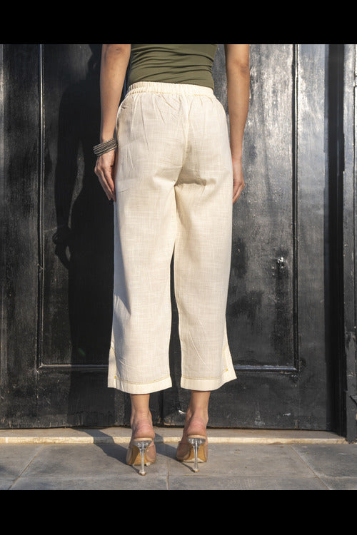Rangsutra Suhani White Straight-Fit Cotton Pant With Kantha Hand Embroidery