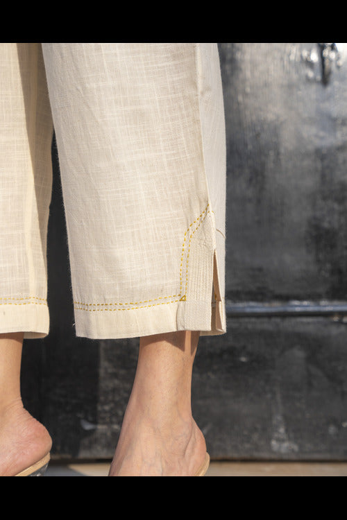 Rangsutra Suhani White Straight-Fit Cotton Pant With Kantha Hand Embroidery