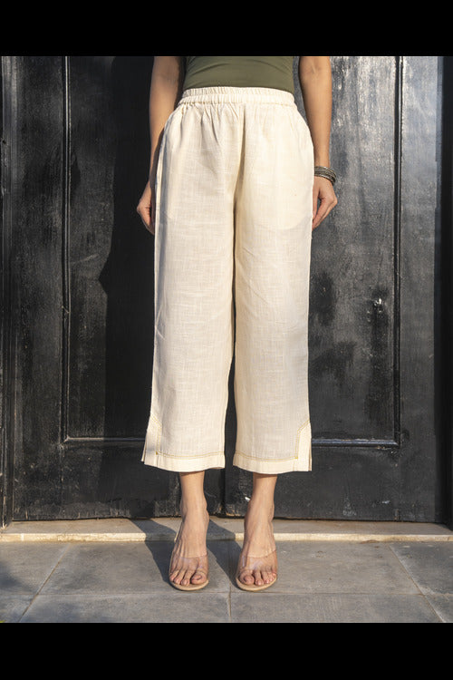 Rangsutra Suhani White Straight-Fit Cotton Pant With Kantha Hand Embroidery