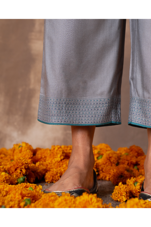 Rangsutra Ruhani Grey Straight-Fit Cotton Silk Pant With Soof Hand Embroidery