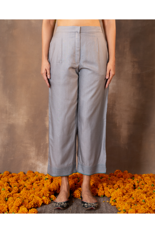 Rangsutra Ruhani Grey Straight-Fit Cotton Silk Pant With Soof Hand Embroidery