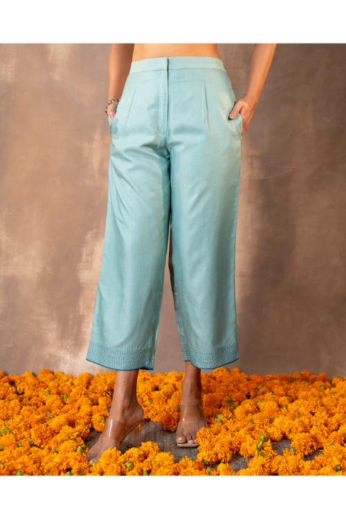 Rangsutra Ruhani Teal Straight-Fit Cotton Silk Pant With Soof Hand Embroidery