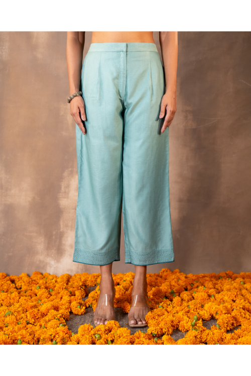 Rangsutra Ruhani Teal Straight-Fit Cotton Silk Pant With Soof Hand Embroidery