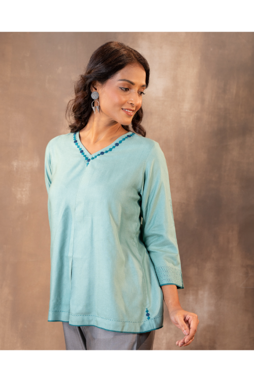 Rangsutra Ruhani Teal Regular Fit Cotton Silk Top With Soof Hand Embroidery