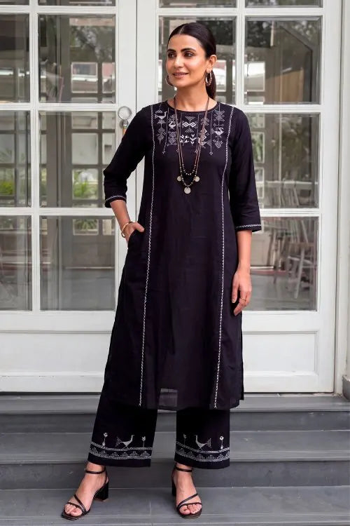 Rangsutra Bagh Cotton Round Neck Black Hand Embroidered Kurta