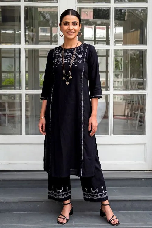 Rangsutra Bagh Cotton Round Neck Black Hand Embroidered Kurta