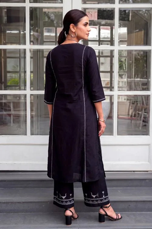 Rangsutra Bagh Cotton Round Neck Black Hand Embroidered Kurta