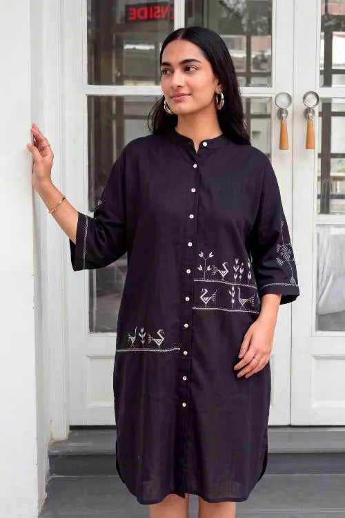 Rangsutra Bagh Cotton Half Sleeve Black Hand Embroidered Dress