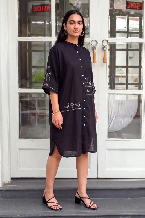 Rangsutra Bagh Cotton Half Sleeve Black Hand Embroidered Dress