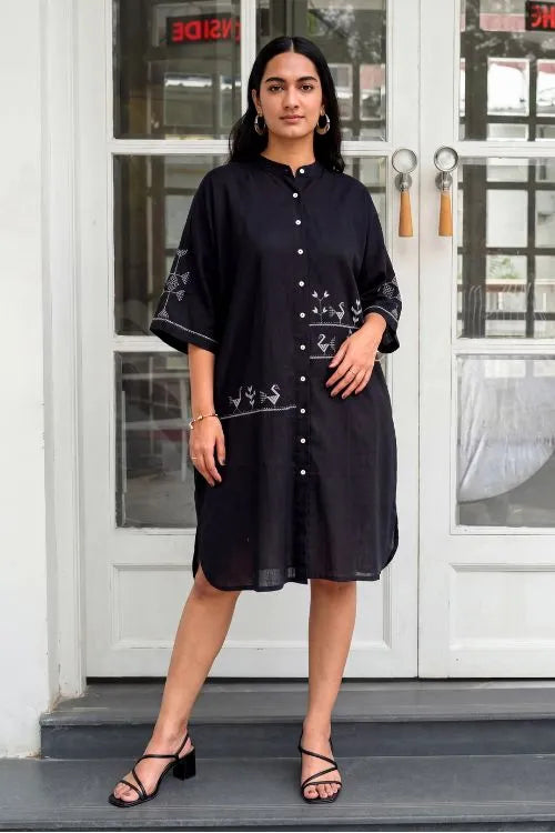 Rangsutra Bagh Cotton Half Sleeve Black Hand Embroidered Dress