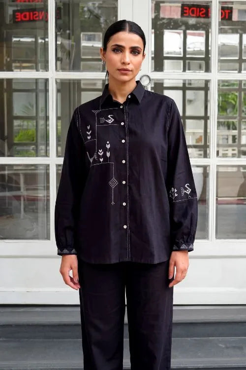 Rangsutra Bagh Cotton Full Sleeve Black Hand Embroidered Top