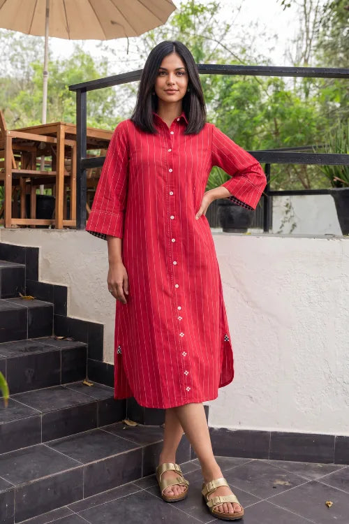 Rangsutra Dhwani Red Handloom Cotton Shirt-Dress
