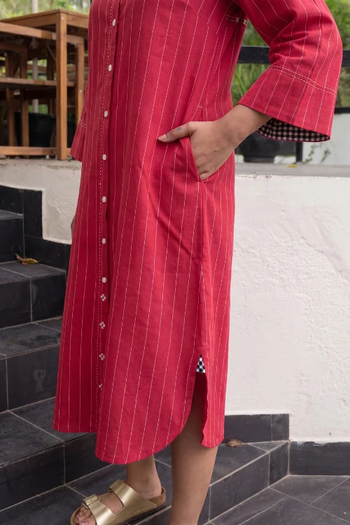 Rangsutra Dhwani Red Handloom Cotton Shirt-Dress