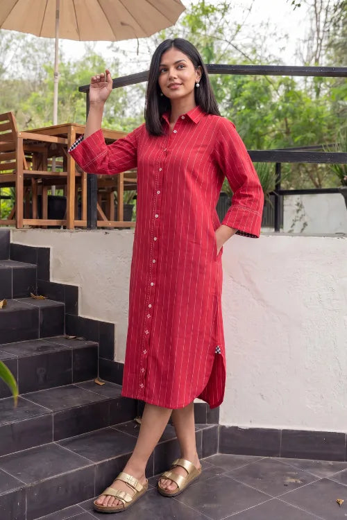 Rangsutra Dhwani Red Handloom Cotton Shirt-Dress