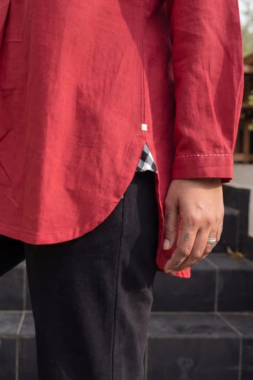Rangsutra Dhwani Red Mandarin Collar Handloom Cotton Top